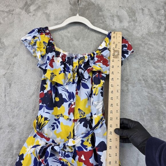 Zara Basic Dress Womens XS Multicolor Off Shoulder Ruffle Linen Summer Floral - Picture 4 of 9